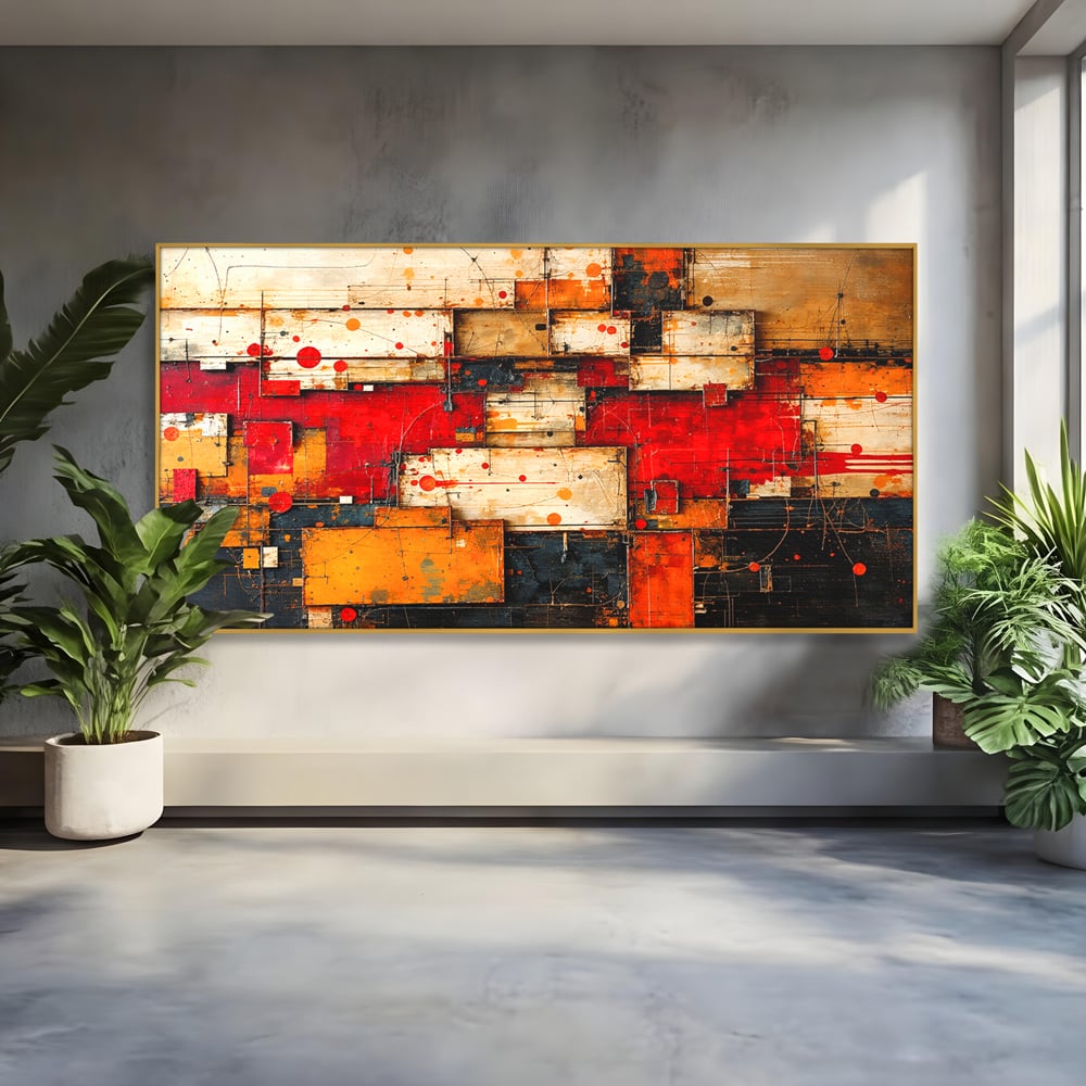 Tablou canvas cu tablou canvas abstract geometric rosu, in rama de aluminiu auriu
